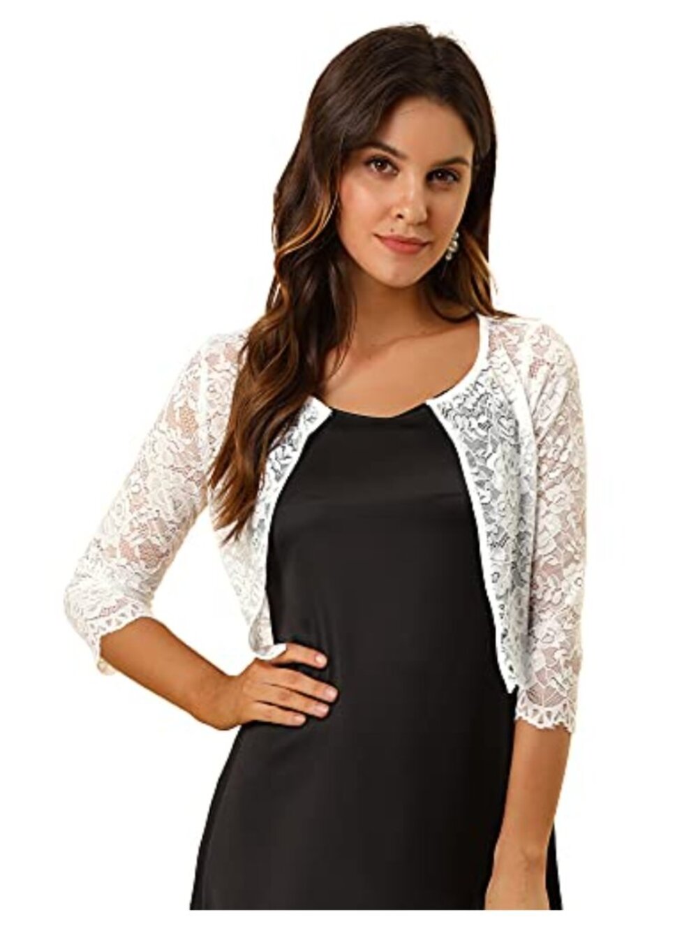 Sheer Floral Lace Shrug 3/4 Sleeve Open Front Bolero Top